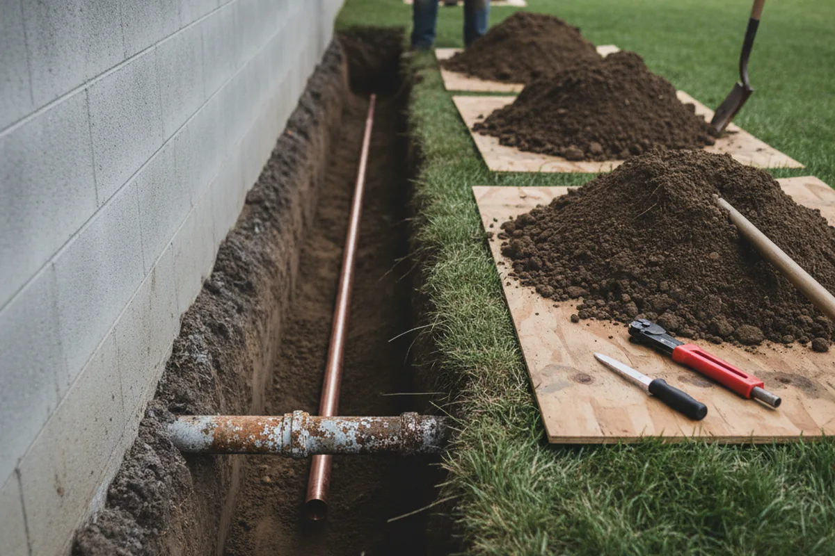 Excavated water line trench during Water Softener Installation in Weare